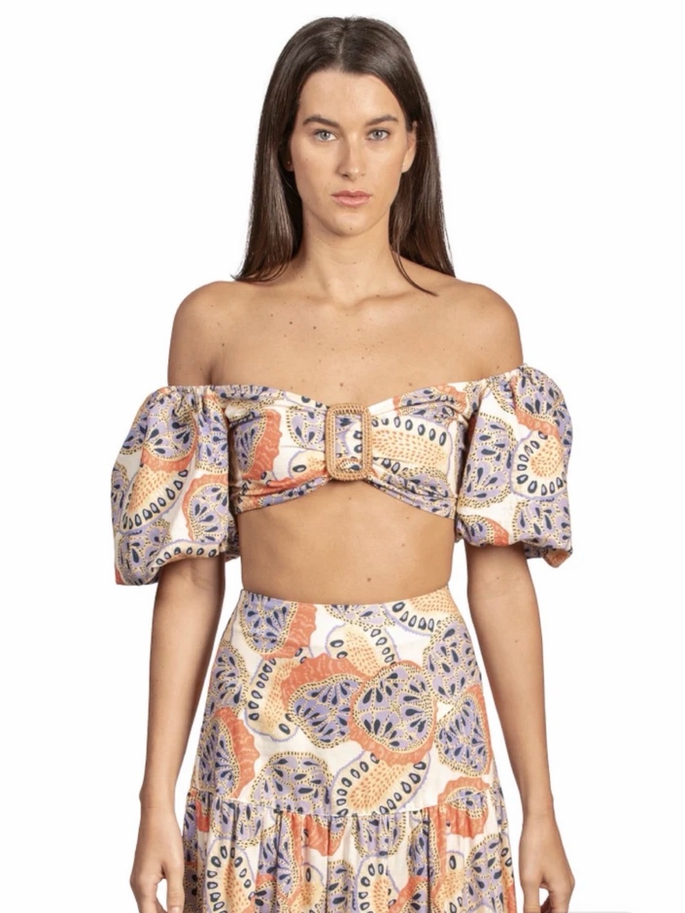 Sanlier Cozumel Top Papaya Linen Cotton Puff Sleeve Crop Top Buckle Tie S